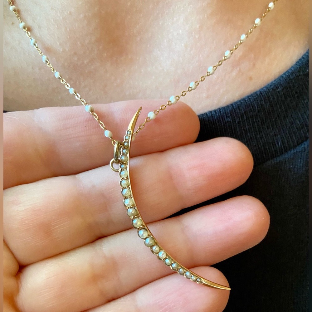 Beautiful 10k Seed Pearl Cresent Moon Pendant